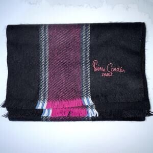 Pierre Cardin Acrylic Courtelle Fringed Scarf Unisex Black Pink Stripe France